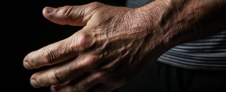 Close-up of a man's wrist showcasing pain points of an RSD injury.