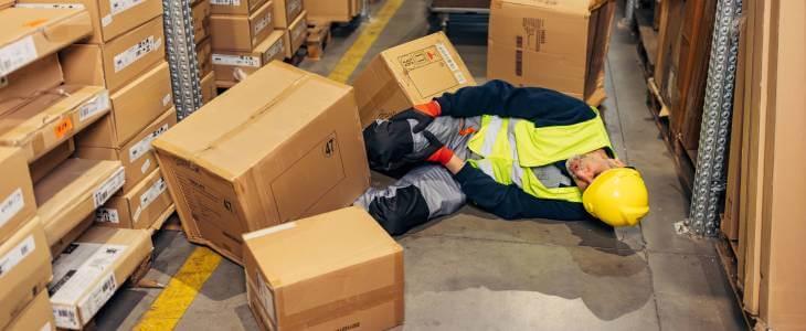 Warehouse worker with fallen boxes stacked on top of him